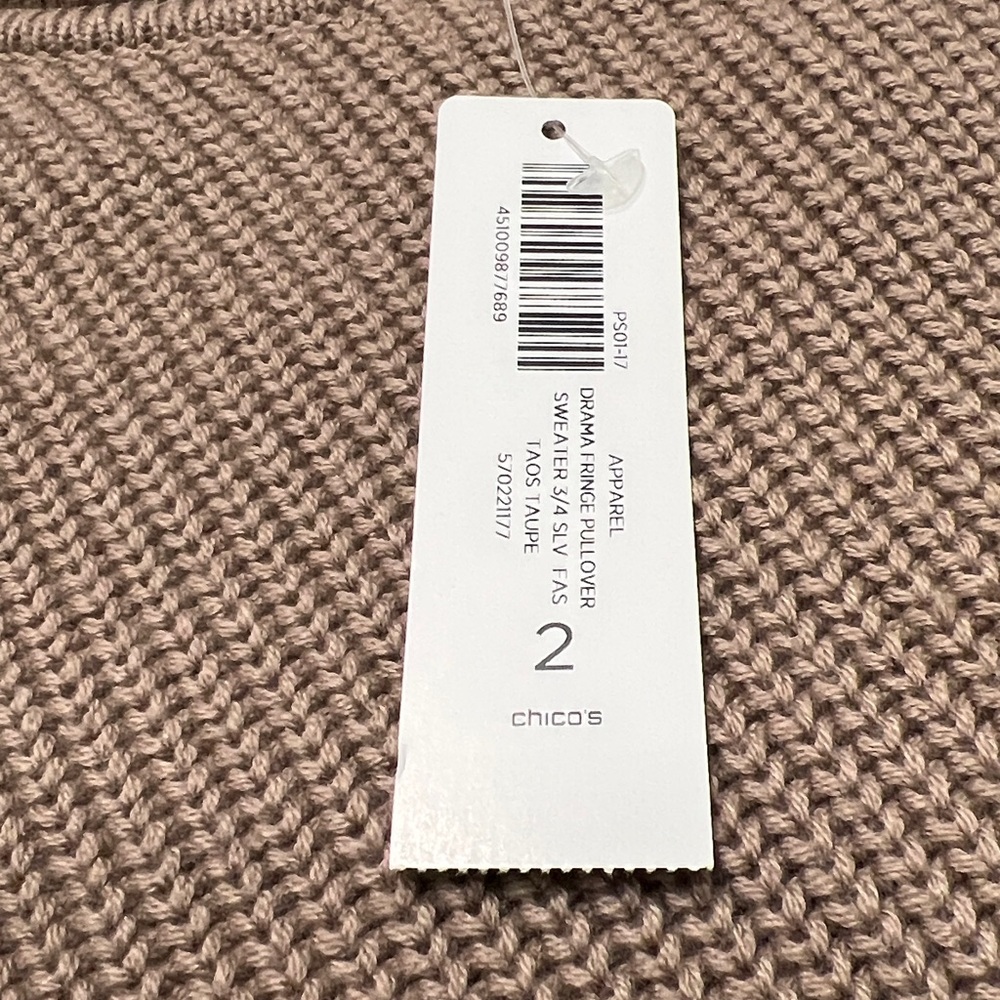CHICO’S Drama Fringe Pull Over Sweater Taupe - Picture 7 of 12